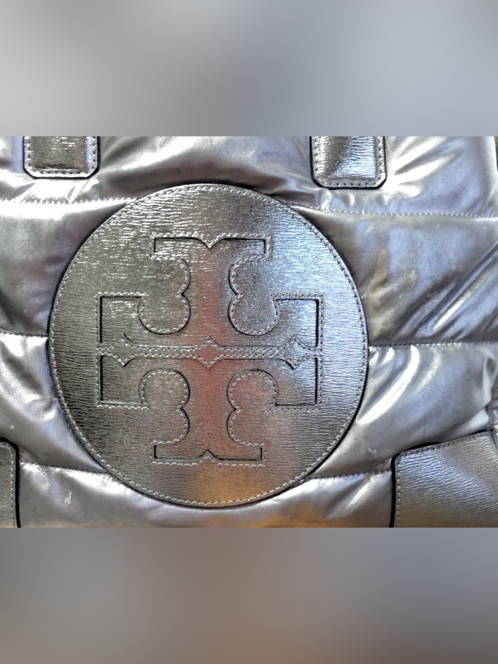 Tory Burch Puffer Ella Silver Metallic Tote Carry All Work Travel Bag - Picture 11 of 11